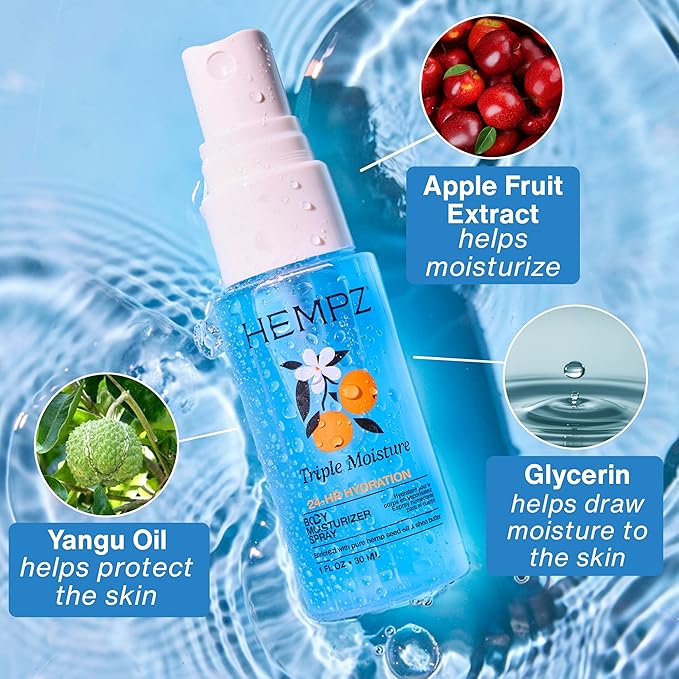 Hempz Hydrating Body Mist Spray, Triple Moisture Lightweight Fragrance, Travel Size Moisturizer, 1 fl.oz.