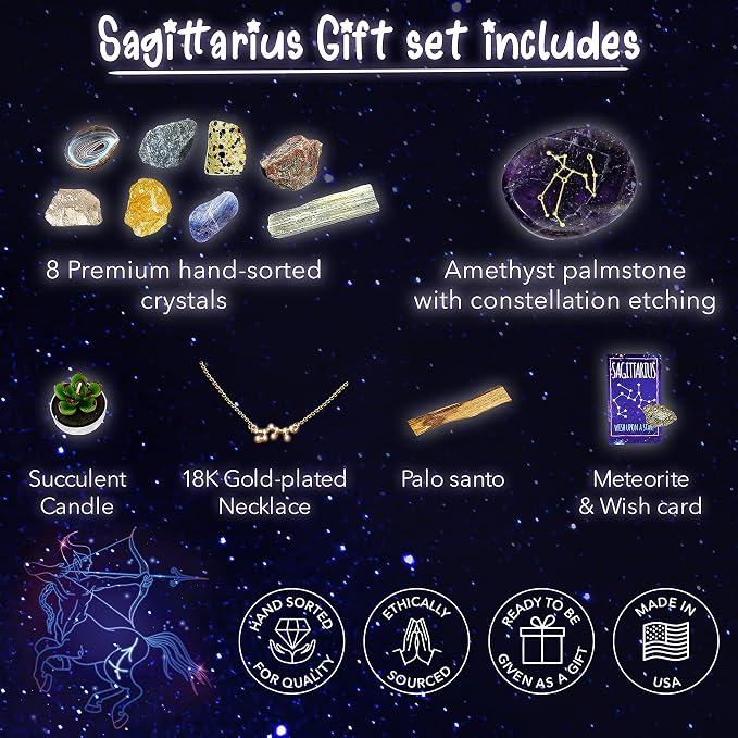 DANCING BEAR Sagittarius Zodiac Healing Crystals Gift Set (14 Pc): 9 Stones, 18K Gold-Plated Constellation Necklace, Meteorite, Succulent Candle, Palo Santo Smudge Stick & Info Guide, Made in The USA