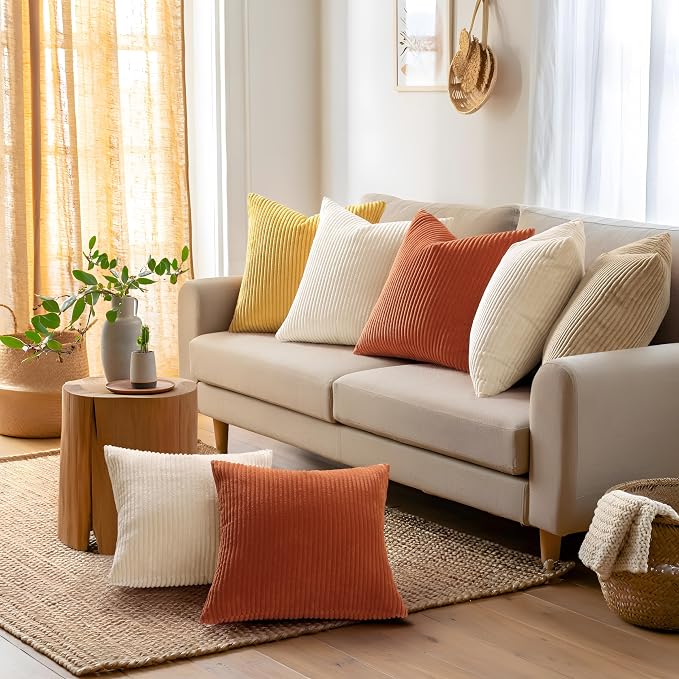 Mecatny Corduroy Fall Decorative Throw Pillow Covers 18x18 Set of 2 Beige | Soft Striped Texture, Hidden Zipper Design, Neutral Boho Square Pillow Cases for Sofa Couch Living Room Bedroom, Home Décor