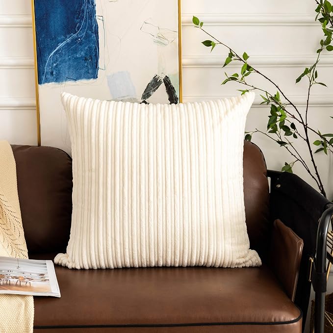 UGASA Soft Striped Throw Pillow Covers Solid Corduroy Decorative Square Set Cushion Cases Pillowcases for Couch Sofa Bedroom, 1 Pack, 24x24 Inch, Cream