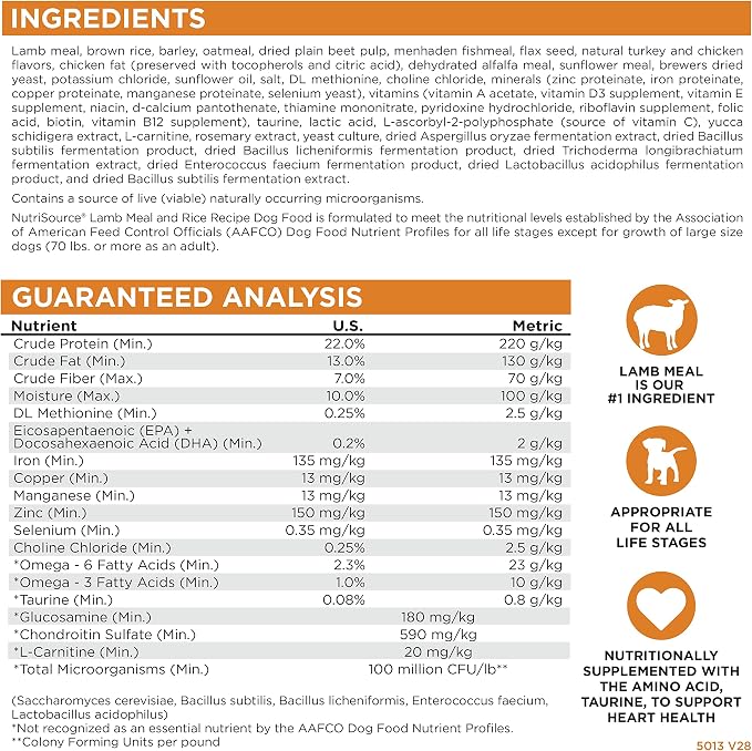 NutriSource Adult Dry Dog Food, Lamb Meal & Rice, 26 lb | Probiotic & Prebiotic Digestive Support, Healthy Skin & Coat, No Corn Wheat or Soy