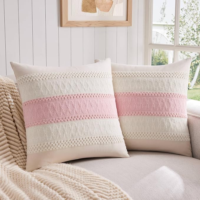2 Pack Boho Throw Pillow Covers, Contrast Light Pink 18x18in | Soft Breathable Cotton, Farmhouse Decorative Couch Pillow Cases, Cushion Covers for Sofa Bed Living Room Home Decor