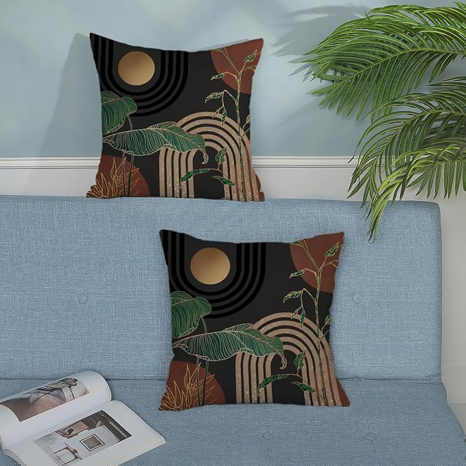 Boho Grey Rust Brown Pillow Covers 18x18 Set of 2 Gold Green Leaf Tropical Mid Century Throw Pillows Outdoor Bohemian Modern Decorative Pillowcase Farmhouse Cushion Case for Couch Sofa Decor
