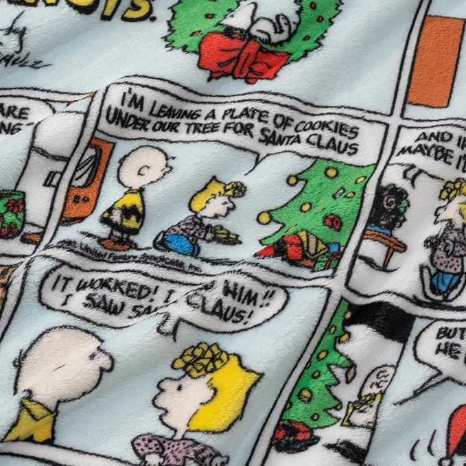 Berkshire Blanket Peanuts® VelvetLoft® Cute Character Snoopy Plush Oversized Throw Blanket, Peanuts Christmas Comic Strip Colorized White (50in x 60in)