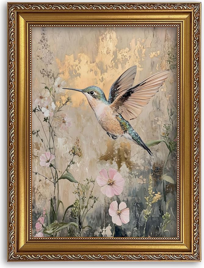 Vintage Gold Framed Wall Art Hummingbird Canvas Prints 16x24in | Living Room, Home Decor, Floral Gold Foil Style Painting, Bedroom Wall Decor, Gifts for Friends or Family