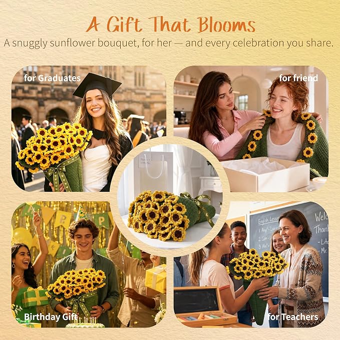 Sunflower Crochet Flower Bouquet Blanket, 43 Inch Gift Throw, 36 Sunflowers | Gift bag, writable card, machine washable, hand-crocheted sunflowers, ready for sunshine gifts and special moments.
