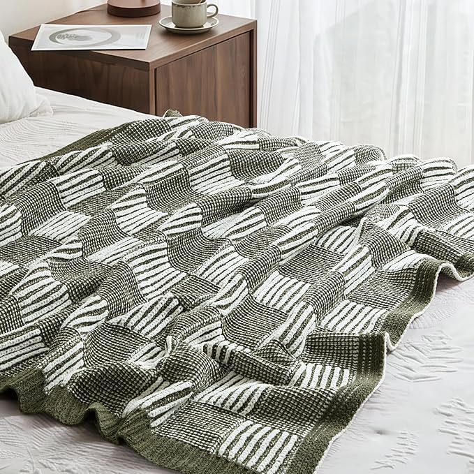 Knit Throw Blanket, Soft Chenille Cozy Breathable Dual Tone Checkered Chunky Decorative Blanket for Couch, Bed & Sofa, French-Inspired Lightweight Warm Gift for Women, Olive Green, 60"x80"