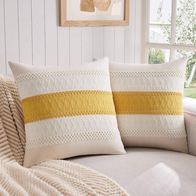 2 Pack Boho Throw Pillow Covers, Contrast Mustard 20x20in | Soft Breathable Cotton, Farmhouse Decorative Couch Pillow Cases, Cushion Covers for Sofa Bed Living Room Home Decor