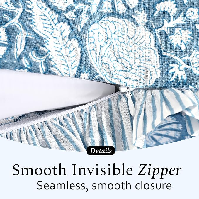 CPC Blue Meadow Hand Block Print 100% Cotton Ruffle Throw Pillow Cover 18x18 inch with Hidden Zipper Decorative for Couch, Bed, Sofa, Farmhouse, Cottagecore Decor Gift Christmas Fall Thanksgiving