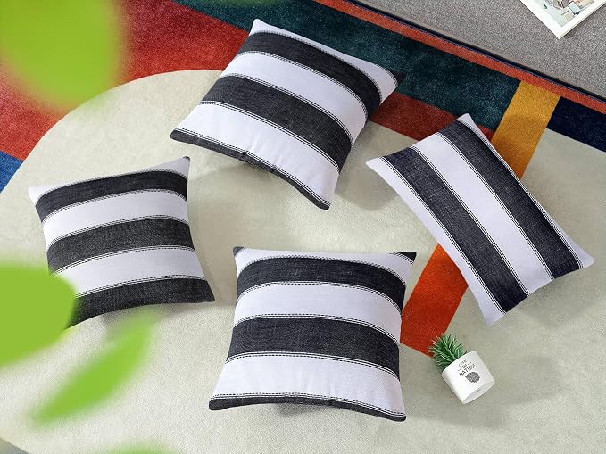 Pack of 2 Farmhouse Stripe Check Throw Pillow Covers Set Case Cotton Linen Decorative Pillowcases Cushion Cover for Couch Bench Sofa 16x16Inch Black