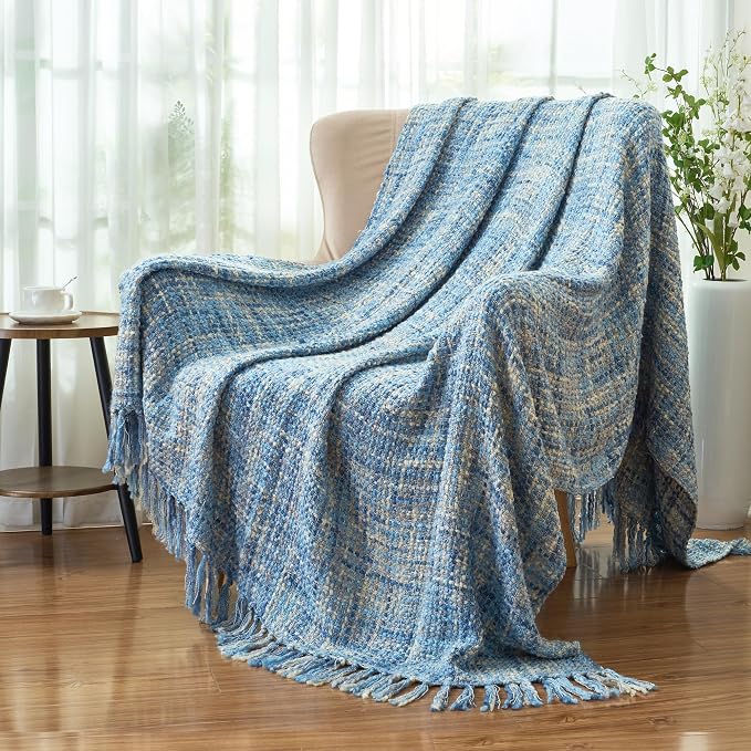 Multi-Color Cable Woven Throw Blanket for Couch - 60"X80" | Multicolored Boho Style,Super Soft Warm Cozy Chunky Blankets with Decorative Tassels for Bed and Sofa,Light Blue