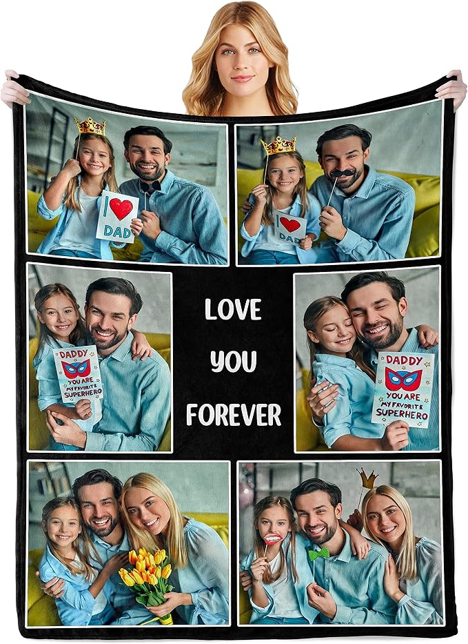 Personalized Dad Blanket Gifts, Custom Blankets with Photos Text | Customized Photo Blanket, Personalized Fathers Day Christmas Birthday Gifts for Husband Dad from Daughter Son Wife