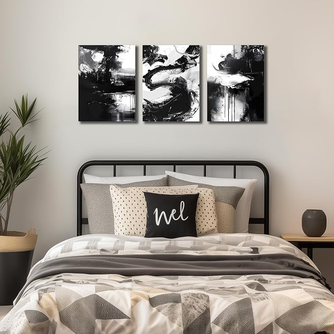 DNIEOTU Abstract Wall Art for Living Room, Black and White Canvas Wall-Decor for Bedroom, Picture Prints, Size 12 x 16 Inches 3-Pieces