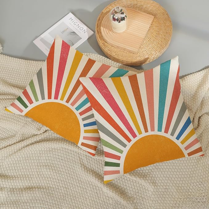 Summer Pillow Covers 18x18 Set of 2 Colorful Stripes Yellow Sunshine Throw Pillows Outdoor Boho Rainbow Sun Decorative Pillow Cases Linen Modern Farmhouse Cushion Case for Home Bedroom Decor