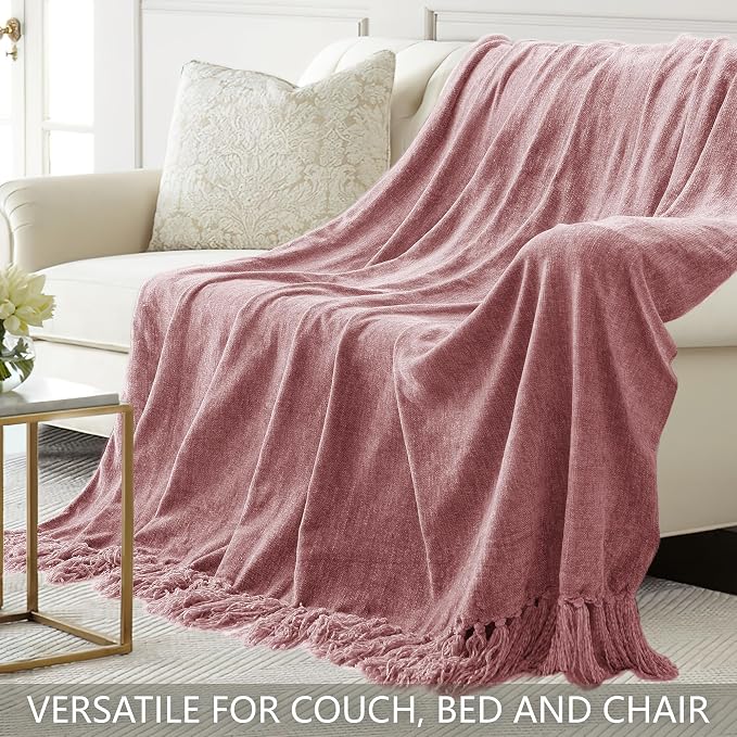 Chenille Throw Blanket for Couch 60" x 80", Twin Mauve | Soft Cozy Warm Throws with Fringe Tassel, for Living Room Bed Sofa Chair Cover, Lightweight Knitted Decorative Boho Blankets