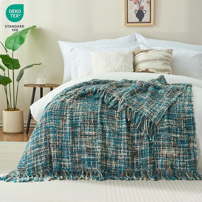 Multi-Color Cable Woven Throw Blanket for Couch - 60"X80" | Multicolored Boho Style,Super Soft Warm Cozy Chunky Blankets with Decorative Tassels for Bed and Sofa,Teal