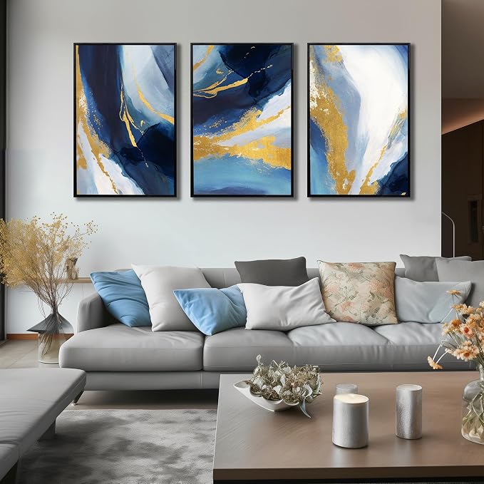Abstract Wall Art for Living Room, Framed Canvas Wall-Decor for Bedroom, Blue White and Gold Picture Prints, Size 24 x 36 Inches 3-Pieces