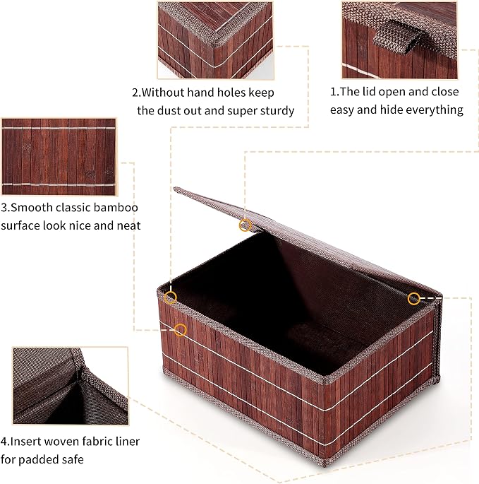 Honygebia Bamboo Decorative Storage Boxes - Set of 3 Woven Lined Storage Basket with Lids, Retro Brown Wicker Lidded Baskets for Home Kitchen Shelf Organizer Decor