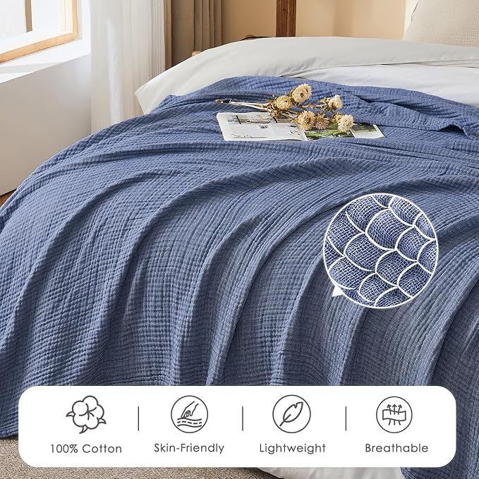 EMME Cotton Muslin Twin XL Blanket Breathable Gauze Soft Lightweight Adults Gifts for Women (Heather Navy, 66"x90")