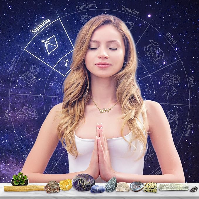 DANCING BEAR Sagittarius Zodiac Healing Crystals Gift Set (14 Pc): 9 Stones, 18K Gold-Plated Constellation Necklace, Meteorite, Succulent Candle, Palo Santo Smudge Stick & Info Guide, Made in The USA