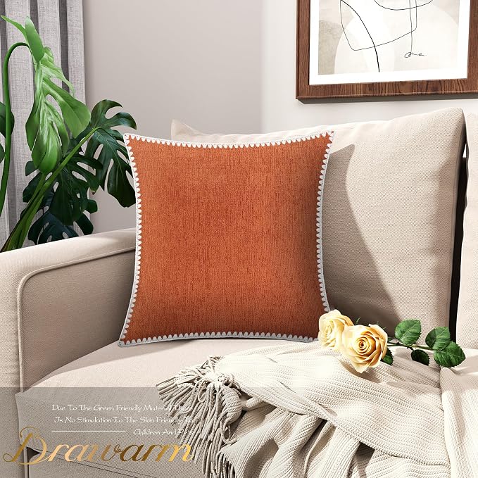 BRAWARM Chenille Throw Pillow Covers 16x16 Inches, Burnt Orange, 2 Pack | Decorative Pillow Covers with Shell Edge, Soft Cushion Cases for Sofa Bed Living Room Home Farmhouse (No Insert)