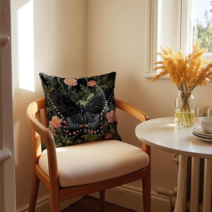 Floral Black Butterfly Pillow Covers 18x18, Dark Cottagecore Wildflower Botanical Moth Decorative Throw Pillow Covers for Bedroom Living Room Home, Butterfly Room Decor