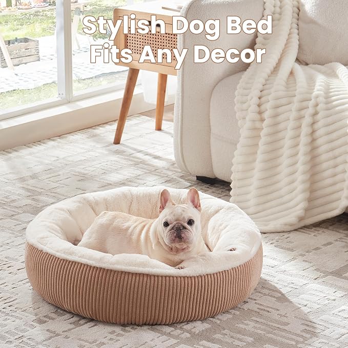 30 inches Calming Donut Dog Bed for Medium Dogs,Brown | Round Pet Bed with Removable&Washable Cover,Plush Faux Fur & Corduroy, Fits Pets up to 30 lbs