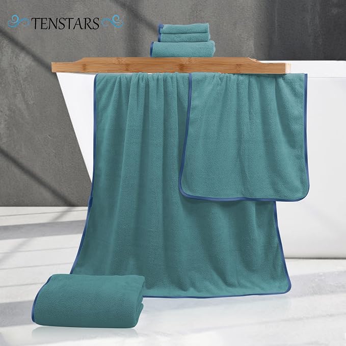 TENSTARS Luxury Silk Hemming Towel Set - Light Thin Quick Drying - 2 Bath Towels 2 Hand Towels 2 Washcloths - Ultra Soft Microfiber Towel for Bath Fitness, Sports, Yoga, Travel (Teal 6 Pieces)