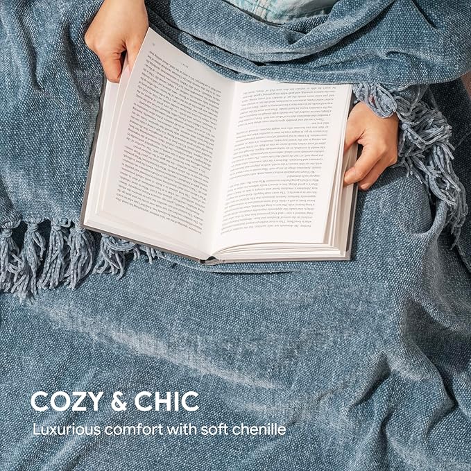 RECYCO Throw Blanket Soft Cozy Chenille Throw Blanket with Fringe Tassel for Couch Sofa Chair Bed Living Room Gift (Dusty Blue, 60'' x 80'') | Super Soft Knit Throw Blanket with Fringe Tassels, Lightweight Knitted Throw, Cozy, Ideal for Sofa Chair Bed ...