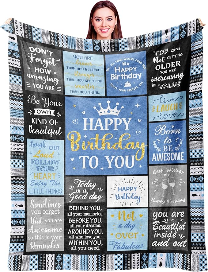 Ivivis Birthday Gifts for Women Girls Throw Blanket 60"X50" Blue, Happy Birthday Decorations for Woman, Gifts for Women Birthdays Unique, Womens Bday Gift Ideas for Her Friend Mom Sister Grandma Wife