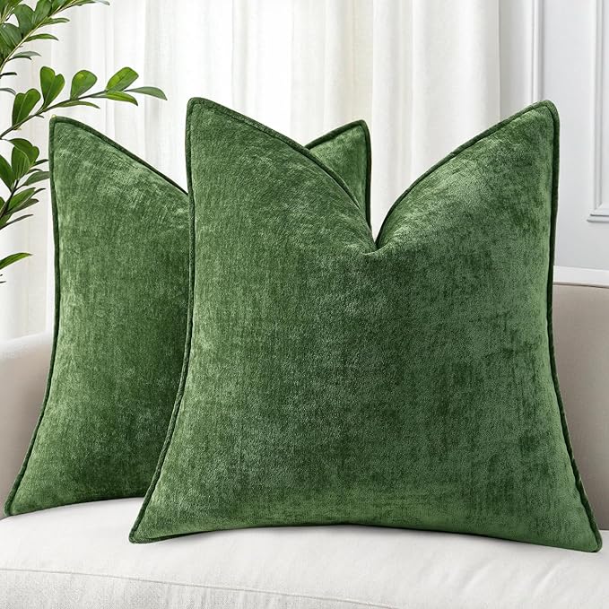 decorUhome Chenille Moss Green Velvet Throw Pillow Covers 26x26 Set of 2 | Fall Soft Euro Sham Couch Decorative Modern Farmhouse Pillow Cases with Elegant Design for Sofa Bed Living Room Home Decor