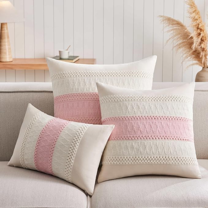 2 Pack Boho Throw Pillow Covers, Contrast Light Pink 24x24in | Soft Breathable Cotton, Farmhouse Decorative Couch Pillow Cases, Cushion Covers for Sofa Bed Living Room Home Decor