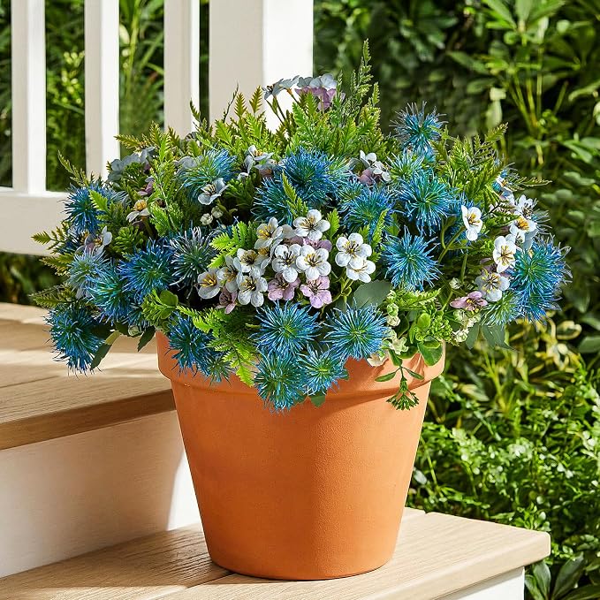 RM ROOMERS Artificial Flowers Plants for Outdoors, Fake Flowers Blue | Sea Holly UV Resistant Faux Flower for Garden Porch Windowbox Front Door Yard, No Fade Home Vase Decor (4 Bundles/24 stems)