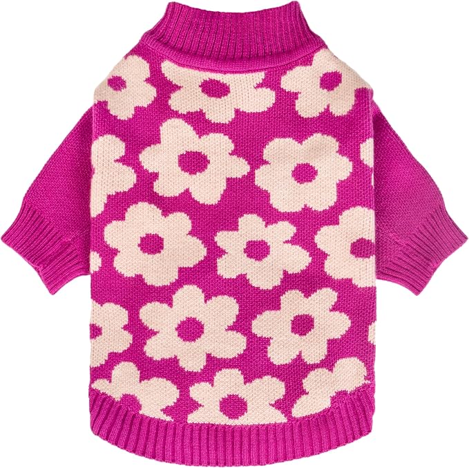 Fitwarm Floral Dog Sweater, Thermal Dog Sweatshirt, Soft Pet Outfit, Hot Pink, White, Large