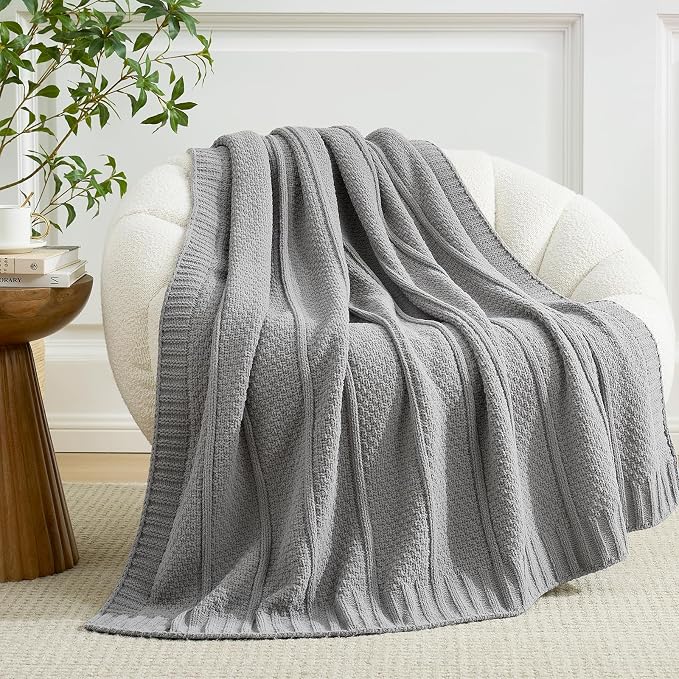 Premium Chenille Throw Blanket, Soft Cozy Moss Stitch Knit Blanket for Couch, Sofa, Chair, Home Decor, Grey 50"x60"