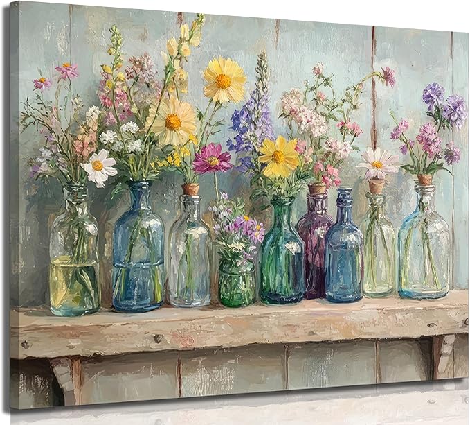 Farmhouse Flower Canvas Wall Art Wildflowers Bottles Wall Decor Rustic Plants Flowers Poster Print Artwork for Bathroom Living Room Bedroom Study Room Home Decoration