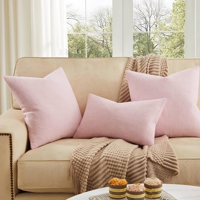 Rustic Linen Throw Pillow Covers Set of 2, Pink 20x20in | Textured Pillow Case, Rustic Cotton Linen Fabric, Modern Farmhouse Cushion Covers for Sofa Bed Living Room Home Decor