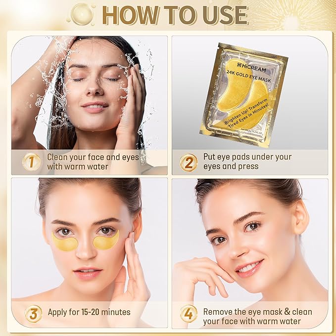 Hicream 24k Gold Under Eye Patches - 30 pair Eye Mask Pure Gold Anti-Aging Collagen Hyaluronic Acid Under Eye Mask for Dark Circles, Puffiness & Wrinkles Refresh Your Skin