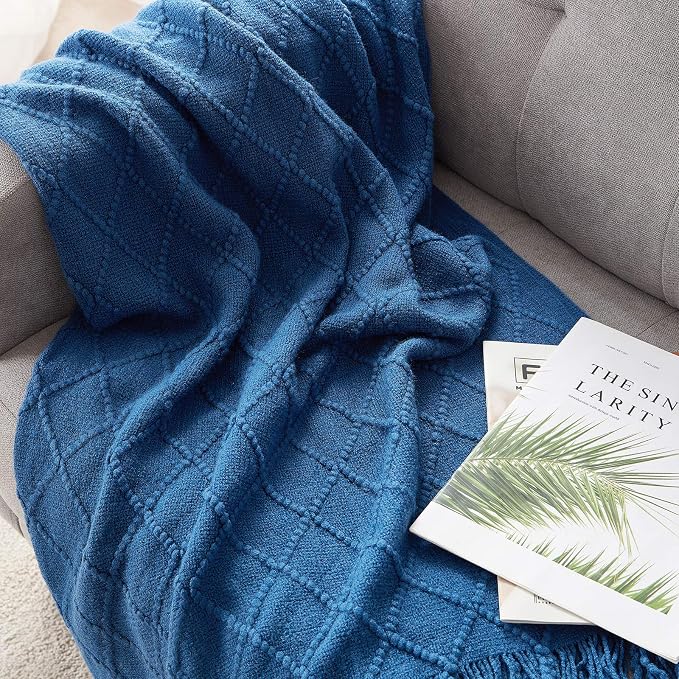 BOURINA Royal Blue Throw Blanket 60x80Inch Knitted Soft Throw Sofa Blanket | Knitted Throw Blanket 60x80 Inches, Soft Lightweight Boho Weave Throw Decorative Couch Blanket for Living Room Bedroom Chair