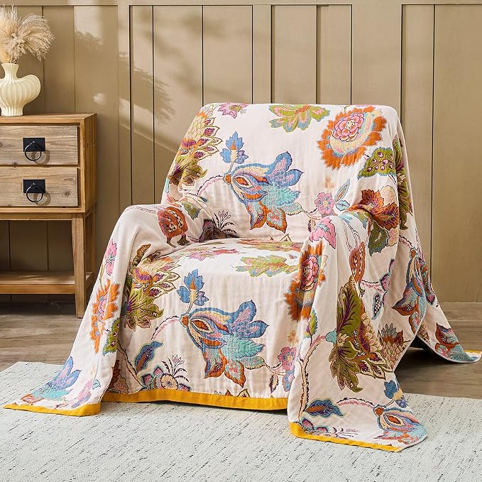 XIBLC Boho Throw Blanket 100% Cotton Vintage Blanket Muslin Woven Flower Decorative Throw Blankets All Season Bohemian Rustic Farmhouse Decor Quilt for Bed (Beige 90"x98")