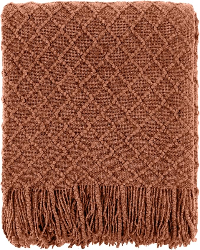 CREVENT Farmhouse Boho Knitted Throw Blanket for Couch Sofa Chair Bed Home Decoration, Soft Warm Cozy Light Weight for Spring Summer Fall (60''X80'' Caramel)