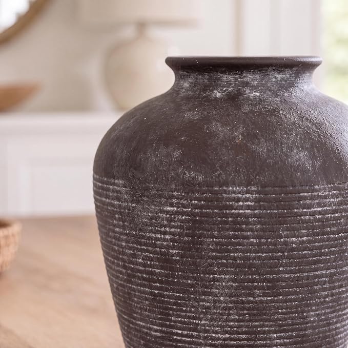 8.3" Brown Ceramic Vase, Small Rustic Vase with Bottle Shape | Textured ceramic vase in dark brown; small decorative vase for dried stems, pampas grass, shelves, mantels and tables