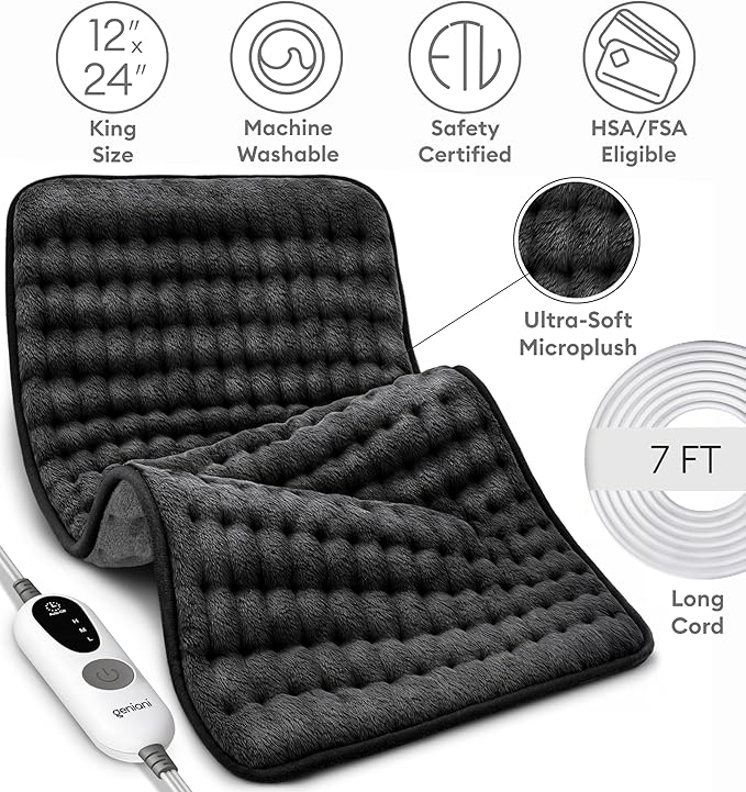 GENIANI Electric Heating Pad for Back Pain & Cramps Relief, Electric Throw, Auto Shut Off, Machine Washable, Moist Heat Pad for Neck & Shoulder, 12x24
