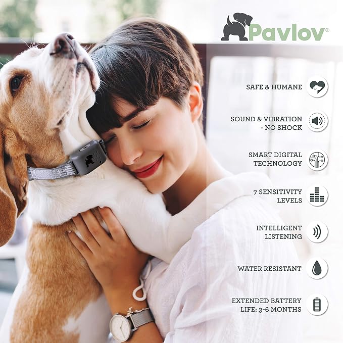 Pavlov Digital Anti Bark Collar, deterrent device to stop dogs barking, no shock only sound & vibration, safe & humane, no bark training for small medium & large dogs, water resistant and lightweight