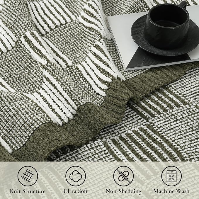 Knit Throw Blanket, Soft Chenille Cozy Breathable Dual Tone Checkered Chunky Decorative Blanket for Couch, Bed & Sofa, French-Inspired Lightweight Warm Gift for Women, Olive Green, 60"x80"
