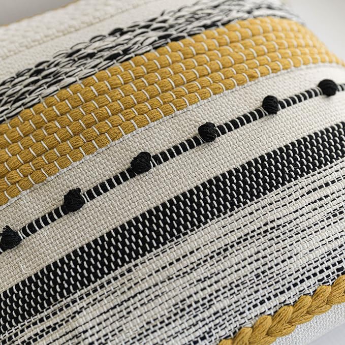Yellow Mustard Decorative Throw Pillow Cover 18x18 Square Boho Accent Pillowcase Tassels Farmhouse Cushion for Couch Sofa Bedroom Living Room Home Décor Cover ONLY