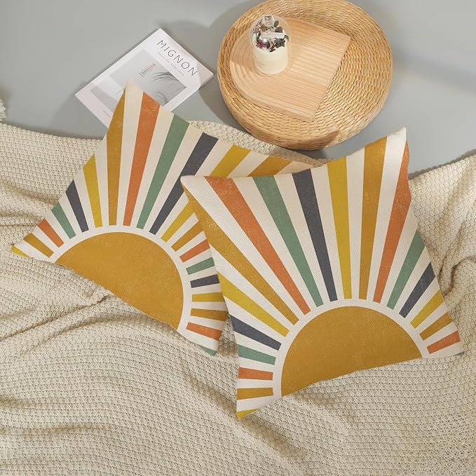 Boho Pillow Covers 20x20 Set of 2 Stripes Colorful Yellow Sunshine Decorative Pillow Cases Summer Rainbow Sun Outdoor Cushion Cover Cute Farmhouse Linen Decor Throw Pillows for Couch Sofa