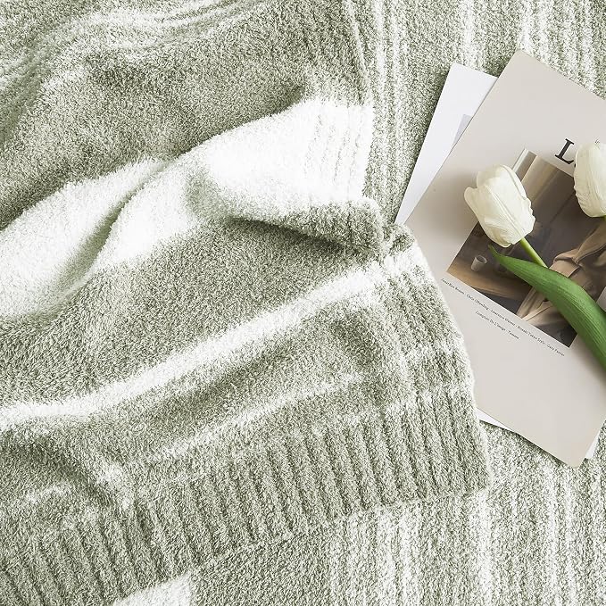 Soft Twin Blanket for Bed-Cozy Warm Reversible Knitted Blankets | Lightweight Fluffy Decor for Women, Mom, Her & Girls, Sofa, Chair, Couch, 60x80in,Sage Green Stripe