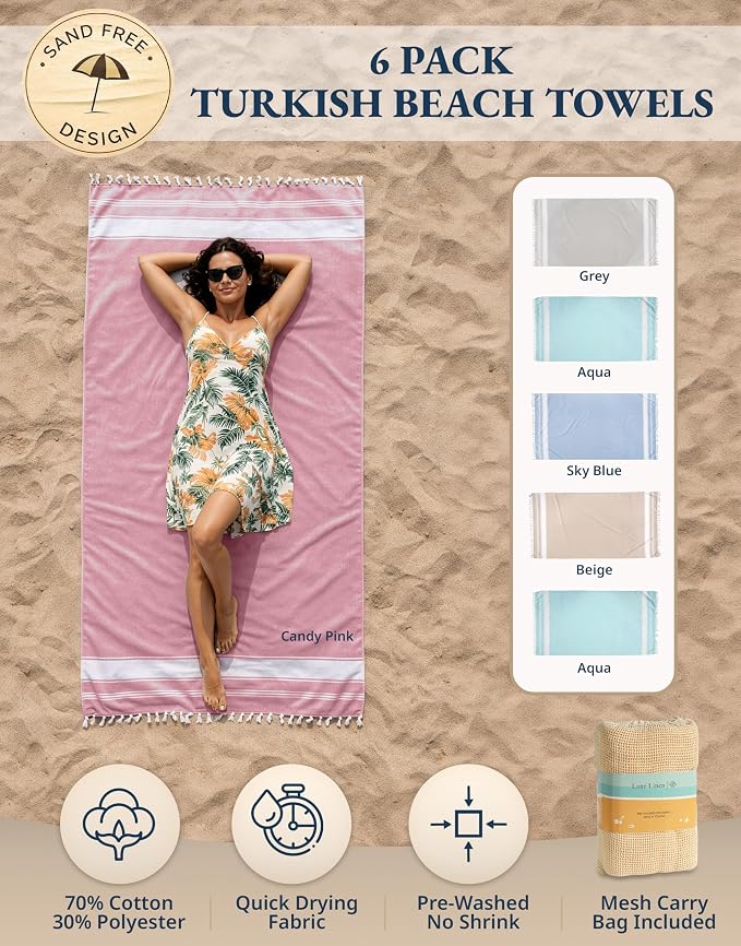 LANE LINEN Turkish Beach Towels for Women, Set of 6 - Large 39"x71", Pre-Washed, No-Shrink, Sand-Free, Quick Dry, Lightweight, Soft Beach Bath Towels - Vintage Beach