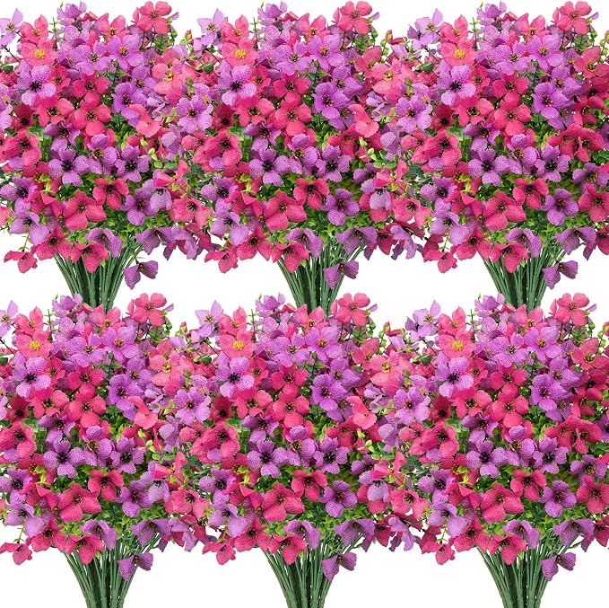 16 Pcs Artificial Flowers for Outdoors Decor, Purple & Rose Red | Realistic, silk flowers, faux plastic plants, UV resistant, for summer garden porch window vase indoor outdoor home decor